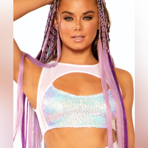 NWOT White iridescent mesh raver skirt set ‘Cosmic Dreams’ - Picture 4 of 5